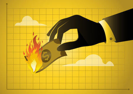 An illustration of businessman hand holding Dollar paper getting burned by fire. De-dollarization conceptのイラスト素材
