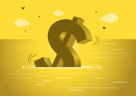 An illustration of dollar sign falling into water, dedollarization, currency crisis, exchange rate drop and crisisのイラスト素材