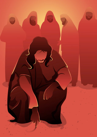 An illustration of Jesus Christ writing in the sand with finger. Biblical seriesのイラスト素材