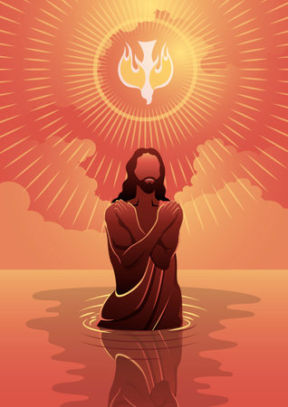 An illustration of Jesus' baptism at the Jordan river with the descent of the holy Spirit in the form of a doveのイラスト素材