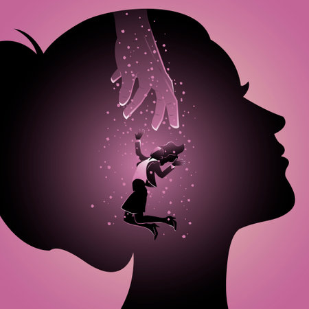 An illustration of a Hand saving Drowning Woman inside the head silhouetteのイラスト素材