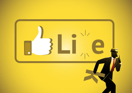 An illustration of a businessman gives fake news thumbs up to the liesのイラスト素材