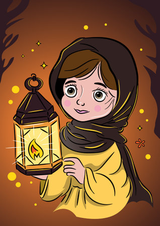 An illustration of Hand drawing of Cartoon Muslim Girl Holding a lamp Black and White simple line Vector Illustrationのイラスト素材