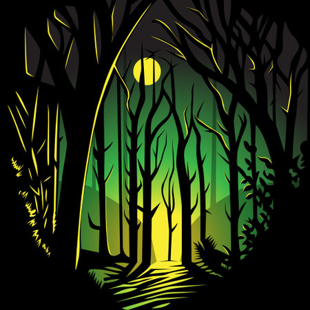 An illustration of fantasy yellow green dark forestのイラスト素材