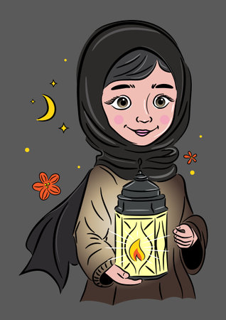 An illustration of Hand drawing of Cartoon Muslim Girl Holding a lamp Black and White simple line Vector Illustrationのイラスト素材