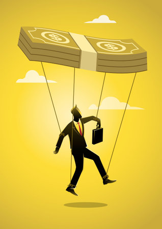 An illustration of pathetic slave businessman puppet doll being controlled by moneyのイラスト素材
