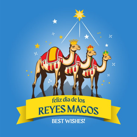 An illustration of Three Cute Camels with Three Kings Crowns celebrate Epiphanyのイラスト素材