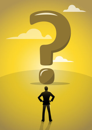 An illustration of a Businessman looking at big question markのイラスト素材