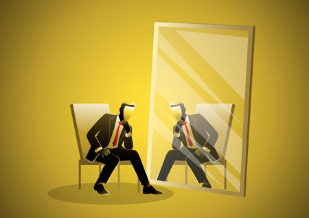 An illustration of a businessman sitting and thinking thoughtfully on his chair in front of a mirrorのイラスト素材