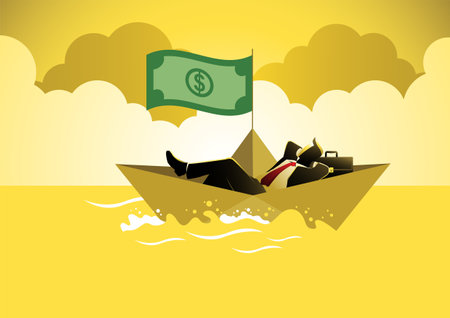 An illustration of a happy successful young businessman on boat under dollar sail. Finance success.のイラスト素材