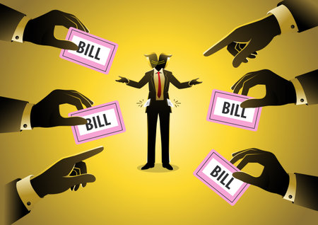 An illustration of a businessman standing with his pockets out surrounding with hands holding the billsのイラスト素材