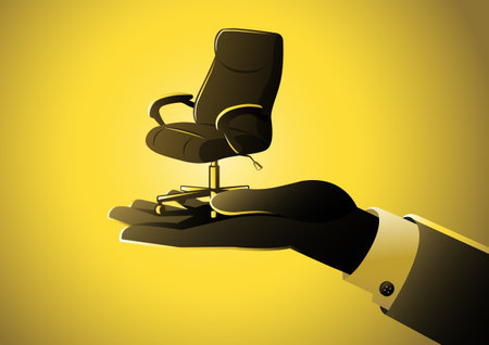 Vacant concept. Office empty chair hold in hand with sign as symbol of an recruiting to work. Hiring staff.のイラスト素材