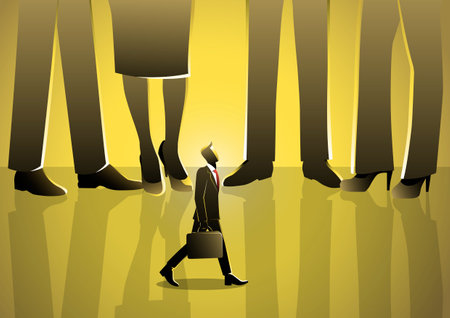 An illustration of a small businessman standing under giant business peopleのイラスト素材