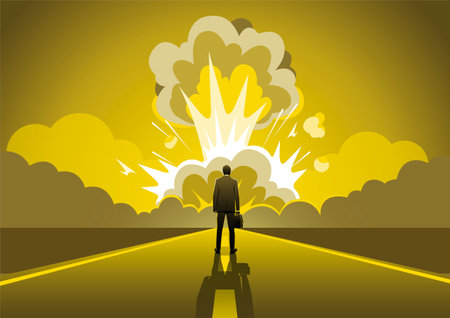 An illustration of a businessman standing on the road watching nuclear bomb explodedのイラスト素材