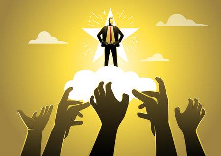 People were reaching out to touch a confident businessman standing on a cloud with his hands on his hips.のイラスト素材