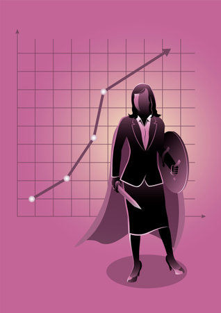 An illustration of a businesswoman hero holding a sword and shield. Chart on background. Business concept illustrationのイラスト素材