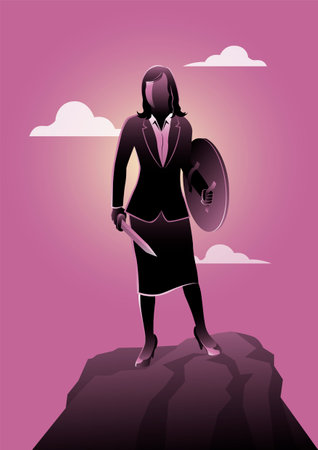 An illustration of female warrior. Business woman stand on mountain rock and hold shield and sword. Leadership, protect and security, businessのイラスト素材
