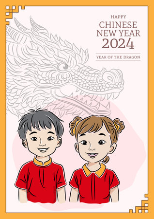 An illustration of Chinese boy and girl with Dragon head background. Chinese New Year 2024 the dragon zodiac sign and Chinese New Year 2024, Chinese translation mean Dragonのイラスト素材
