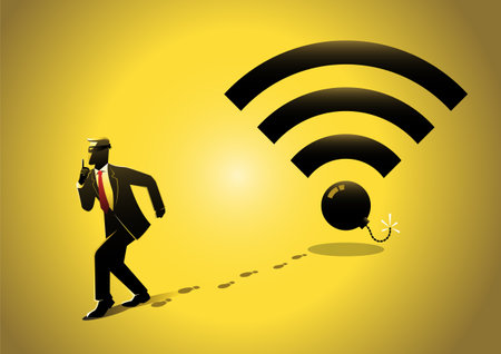 An illustration of A businessman doing cyberterrorism with a bomb as a symbolのイラスト素材