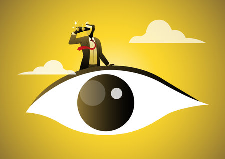 Eye looking for opportunity or discover success idea, business vision, success concept, businessman look through binoculars from his big eyeのイラスト素材