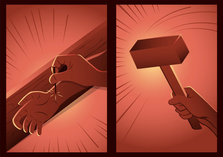 Hand of Christ nailed to the cross with a close up view of a mans hand with an iron nail hammered through onto a wooden cross symbolic of the crucifixion of Christ at Easterのイラスト素材