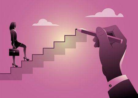 An illustration of a businesswoman walking on balancing slackline rope. Conquering adversity problems solutionのイラスト素材