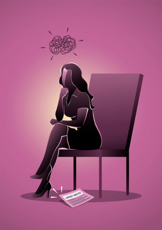 An illustration of a businesswoman sitting and thinking after loss job business concept metaphorのイラスト素材