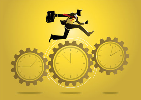 An illustration of a businessman racing with the clock as an Economic sprint with gears and cog wheels. Business Competition conceptのイラスト素材