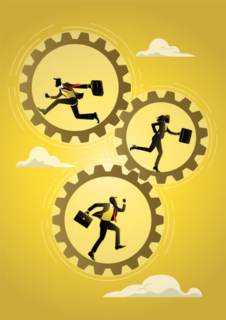 Illustration shows a businessmen and a businesswoman running in cogwheels to make them rotate, team work collaboration to achieve business goalのイラスト素材