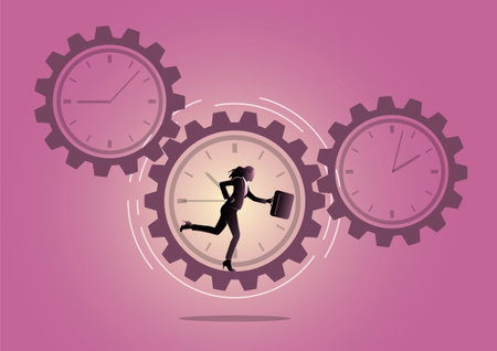 An illustration of a businesswoman racing with the clock as an Economic sprint with gears and cog wheels. Business Competition conceptのイラスト素材