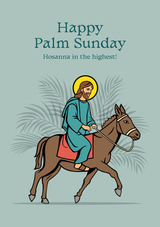 An illustration of Palm Sunday, Jesus Christ riding a donkey and entering the city of Jerusalemのイラスト素材