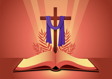 An illustration of an open bible book with christian cross and palm leaves. Biblical conceptのイラスト素材