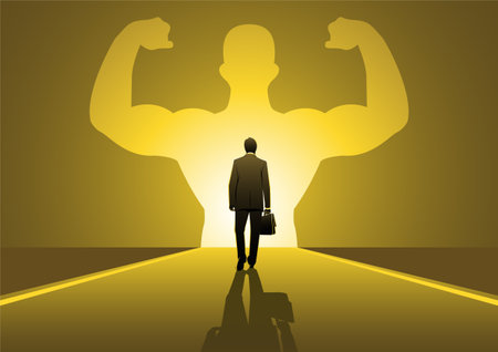 An illustration of a businessman walking towards a strong hero vision confidence conceptのイラスト素材