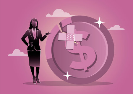 confidence businesswoman investor or trader with damaged cracked down Dollar bandage repair, a risk to the American economy since the brics refuse to conduct trade in dollarsのイラスト素材