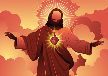 An illustration of Jesus Christ with his sacred heart. Biblical Seriesのイラスト素材
