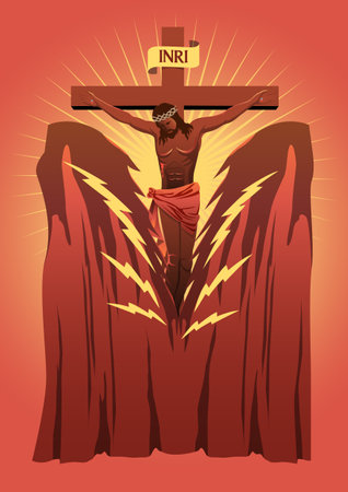 An illustration of God tear the temple veil in half form the top to the bottom. Biblical seriesのイラスト素材