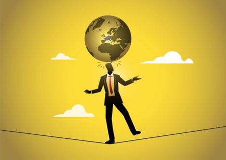An illustration of acrobat businessman trying to balance the globe on his head. Conflict of world leaders, causing economic and investment risk.のイラスト素材