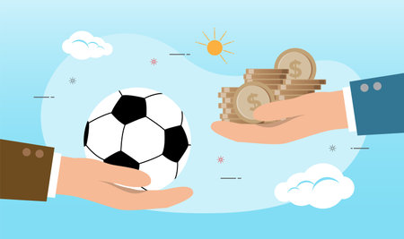 An illustration of Exchange of soccer ball for money coin between hands. People investing in football players, bettingのイラスト素材