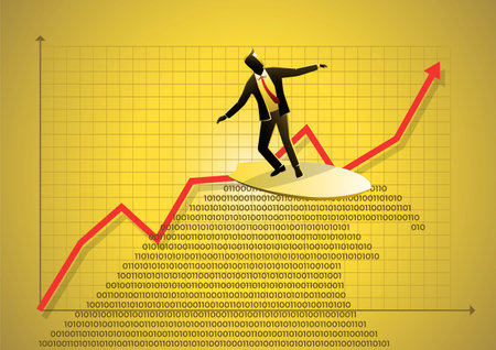 An illustration of a businessman surfing a tsunami wave of computer data. Business conceptのイラスト素材