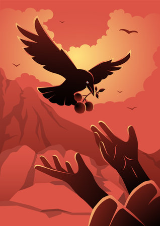 The Holy Prophet Elias in the Mt Thabor where the Lord has ordered ravens to bring him food. Biblical seriesのイラスト素材