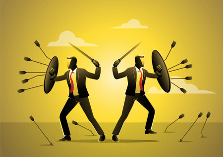 An illustration of business Team using shields for self-defense arrows attack. Business risk investment and teamwork conceptのイラスト素材