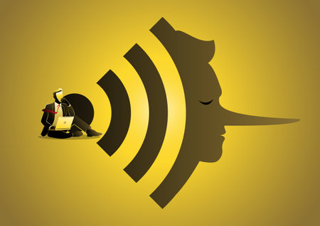An illustration of thieves using laptops spread fake news using wifi networks. Hoax concept vector illustrationのイラスト素材