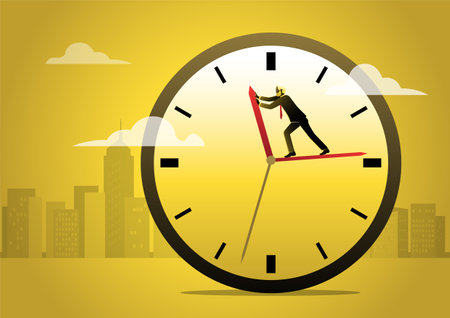 An illustration of businessman standing on clock hour hand manage to push back minute hand to turn back time. Turn back time to change or fix mistake. Deadline conceptのイラスト素材