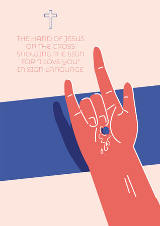 An illustration of the hand of Jesus on the cross showing the sign for "I love you" in sign language. Christianity conceptのイラスト素材