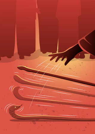An illustration of Moses went to Pharaoh. Moses threw down his staff before Pharaoh and his officials, and it became a serpent. Biblical seriesのイラスト素材