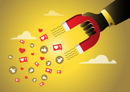 An illustration of businessman hand holding magnet and magnetizing likes symbol. Concept of social media, influence and popularityのイラスト素材