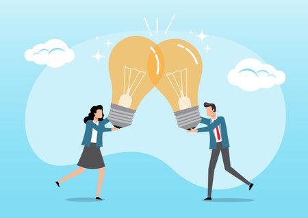 An illustration of businessman and businesswoman join or combine lightbulb idea for best result. Collaborate to get solution, brainstorm, teamwork or think together to develop great idea conceptのイラスト素材