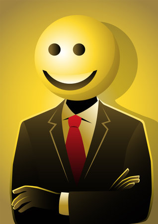 An illustration of young businessman wearing a happy emoticon face in front of his faceのイラスト素材