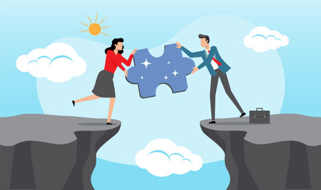 An illustration of two businessmen connect a jigsaw puzzle to form a bridge. Business challenge solution. ability to overcome the crisis. Jigsaw puzzle for success.のイラスト素材