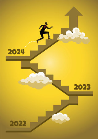 An illustration of a successful businessman climbing a career ladder through the years.のイラスト素材